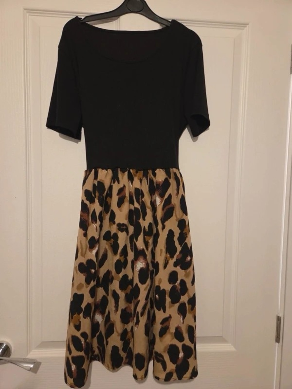 Midi Dress with Black Bodice and Leopard-Print Skirt